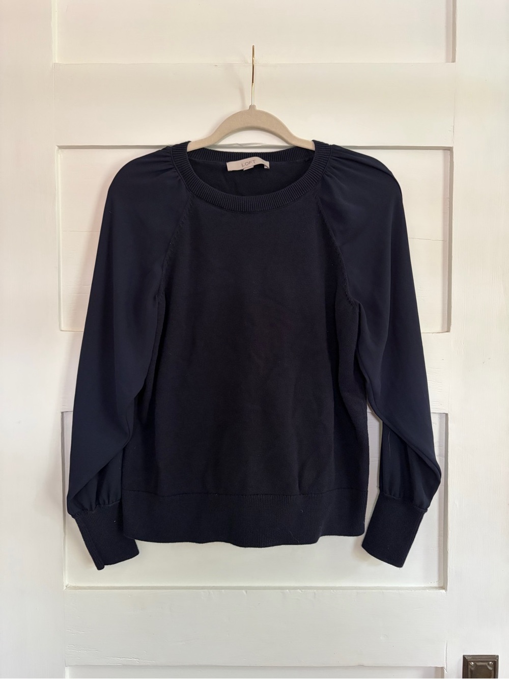 LOFT Navy Puff Sleeve Crewneck Sweater